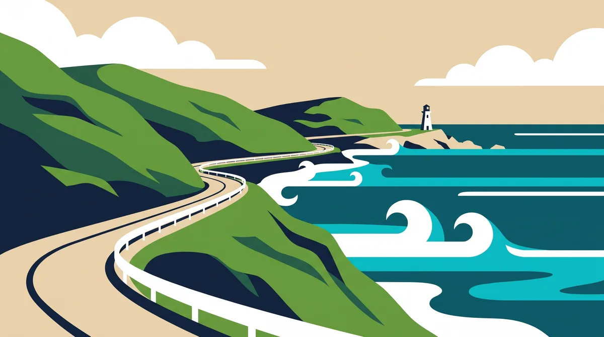 Flat illustration: green highlands dropping to a teal sea, a coastal road with a white guard rail, big white wave curls and a small lighthouse on a far point.